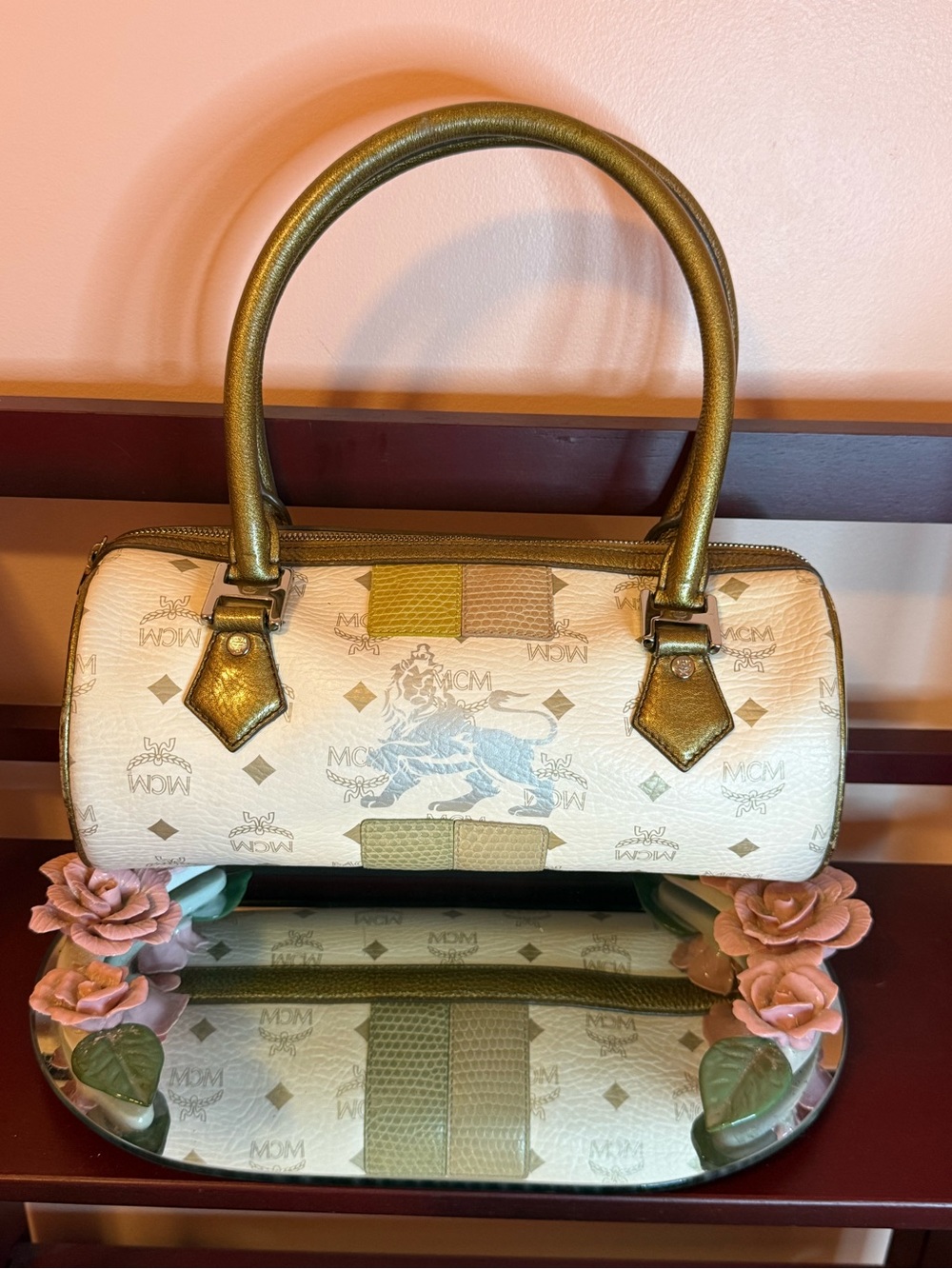 MCM White Visetos Barrel Bag with Gold Accents